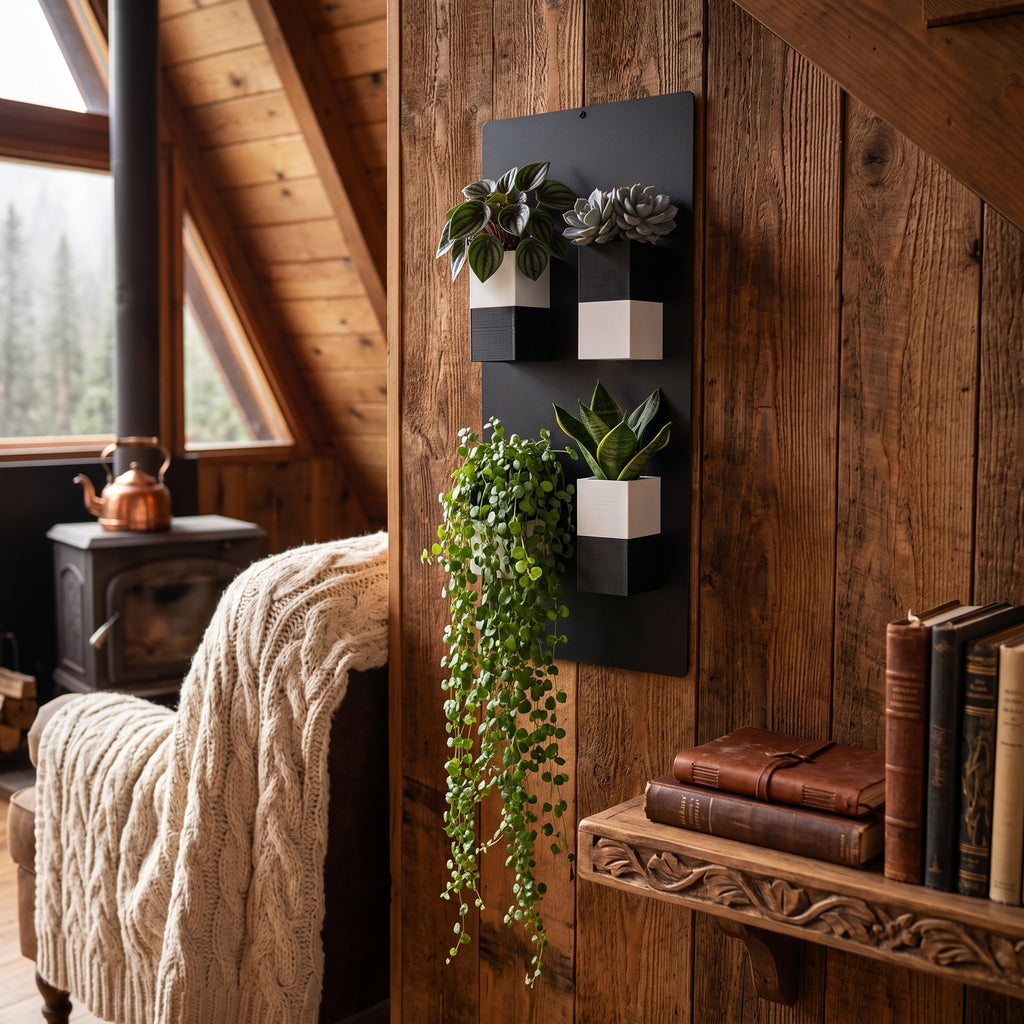 Support mural végétal noir Éclance décoration intérieur végétal fixé sur un mur en bois brut et rustique dans un séjour style chalet cocooning. Le panneau accueille quatre cache-pots bicolores noir et blanc Le cube, spécialement adaptés pour un pot de 6cm, abritant des succulentes et une plante retombante, à côté d'un fauteuil avec plaid en grosse maille et d'un poêle à bois rétro."