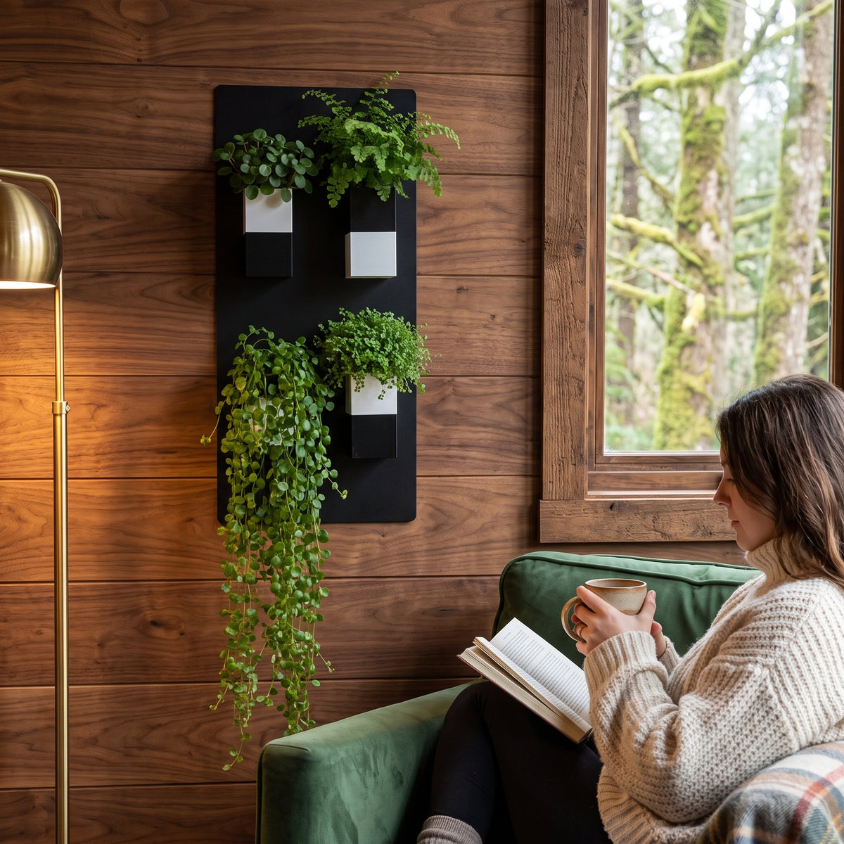 Support mural végétal noir Éclance décoration intérieur végétal fixé sur un mur habillé de panneaux de bois chaleureux. Le support accueille quatre cache-pots bicolores noir et blanc Le cube, spécialement adaptés pour un pot de 6cm, contenant des plantes d'intérieur luxuriantes et une variété retombante. Une femme en pull douillet lit un livre dans un fauteuil en velours vert à côté d'une grande fenêtre ouverte sur la nature.