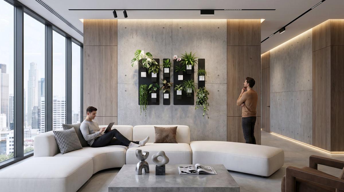 Grande composition modulable de quatre supports muraux noirs Éclance décoration intérieur végétal dotée de douze cache-pots bicolores noir et blanc Le cube (6cm) avec plantes, fixée sur un mur en béton dans un bureau de luxe avec canapé blanc et vue skyline.