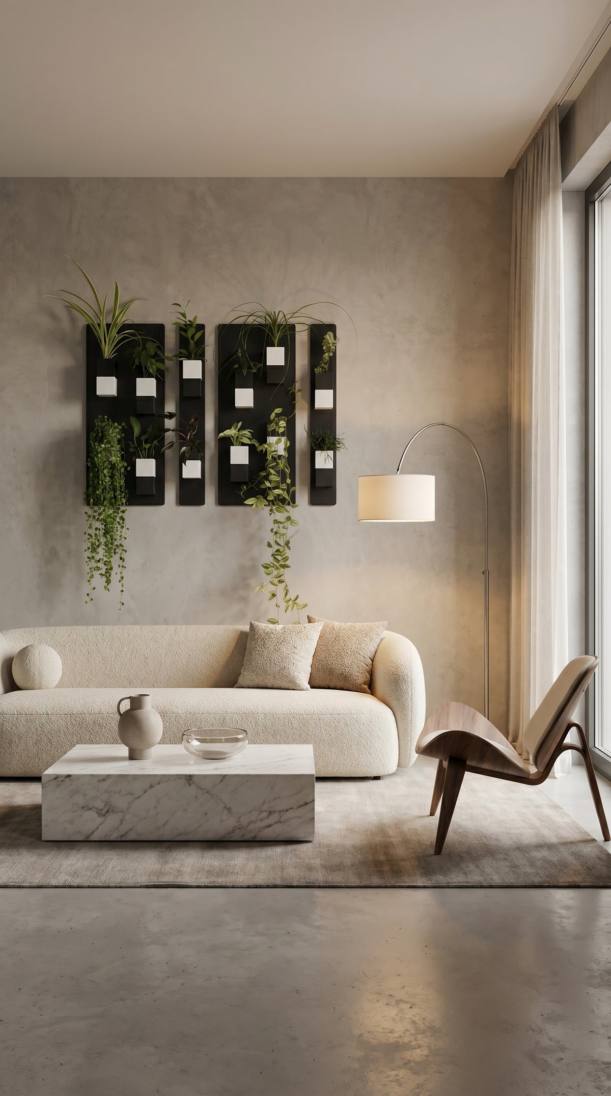 Grande composition modulable de quatre supports muraux noirs Éclance décoration intérieur végétal avec douze cache-pots bicolores noir et blanc Le cube (6cm) et plantes vertes retombantes, fixée au-dessus d'un canapé en tissu bouclé crème dans un salon Japandi.