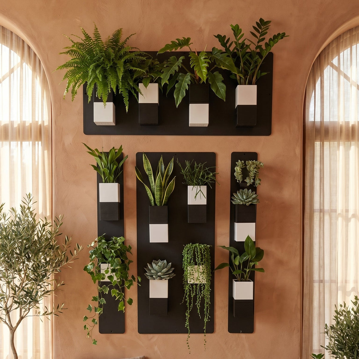 Grande composition de quatre supports muraux noirs Éclance décoration intérieur végétal formant une fresque sur un mur enduit terracotta, avec douze cache-pots bicolores noir et blanc Le cube (6cm) remplis de plantes au-dessus d’une banquette en bois.