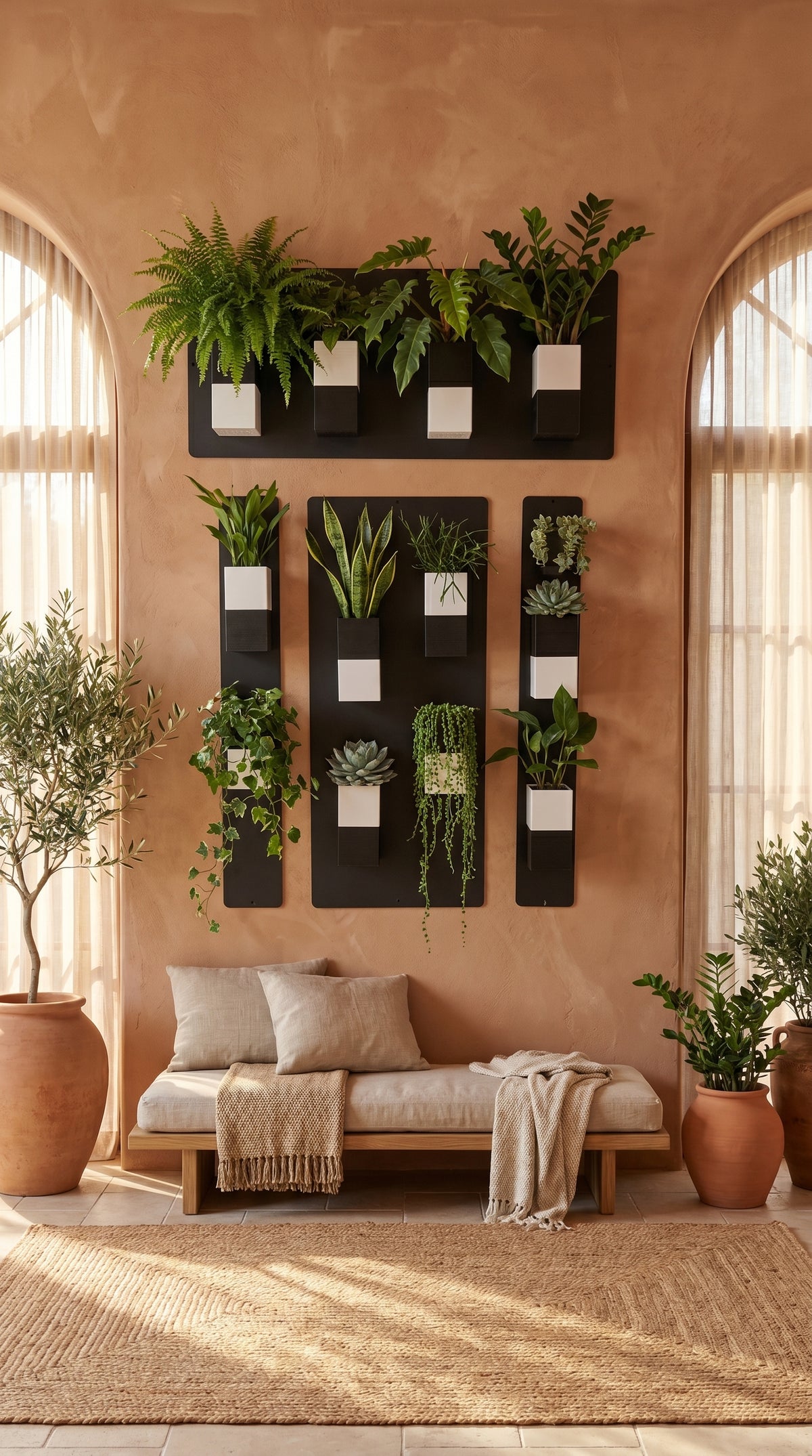 Grande composition de quatre supports muraux noirs Éclance décoration intérieur végétal formant une fresque sur un mur enduit terracotta, avec douze cache-pots bicolores noir et blanc Le cube (6cm) remplis de plantes au-dessus d’une banquette en bois.