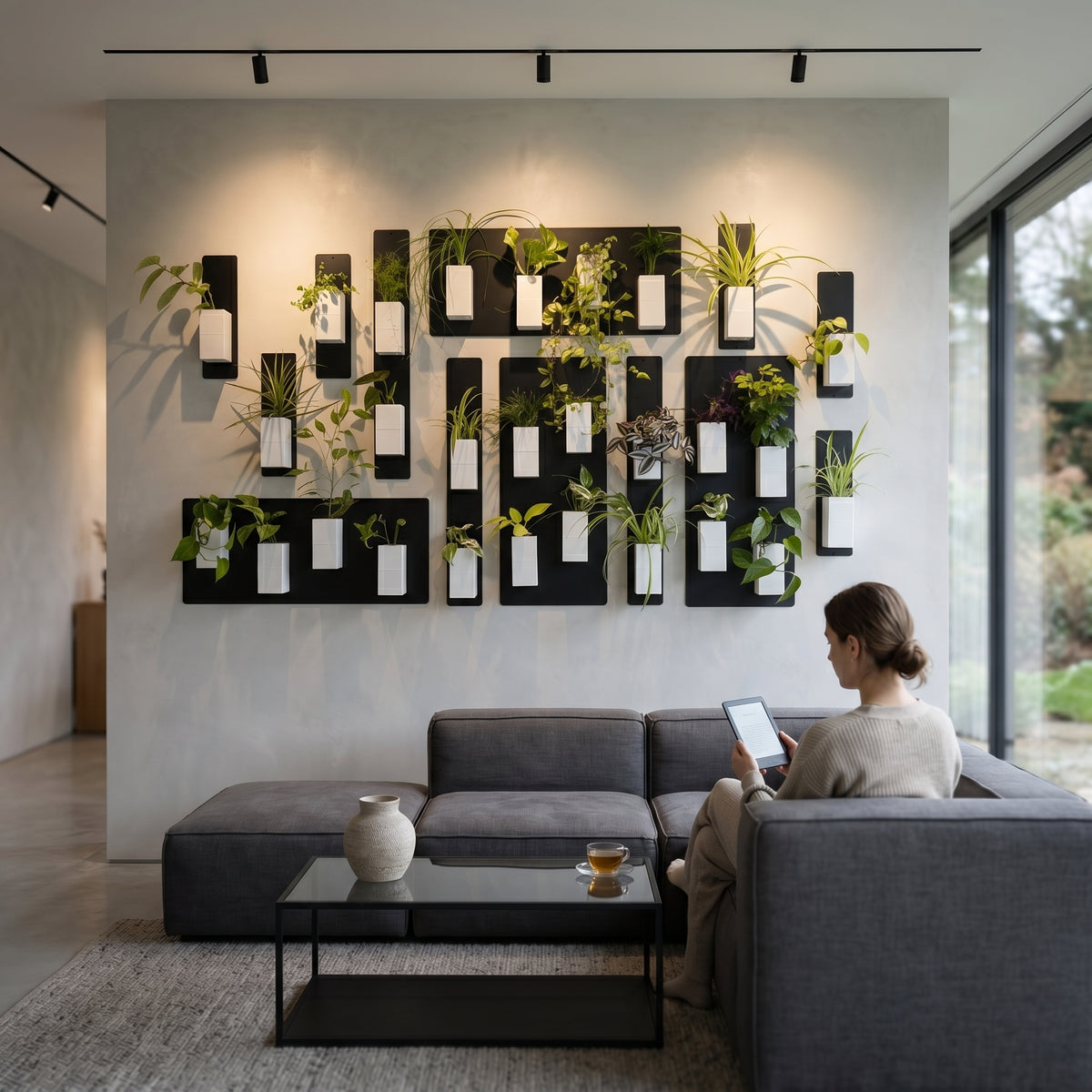 Ambiance de salon contemporain et apaisant signée Éclance décoration intérieur végétal. Un grand mur végétal modulable et graphique, composé de supports métalliques noirs et de dizaines de cache-pots 'Le cube' blancs (adaptés pour des pots de 6cm), est installé au-dessus d'un canapé d'angle gris anthracite. Une femme est confortablement assise et lit sur une tablette, profitant de cette riche composition de plantes vertes d'intérieur variées.