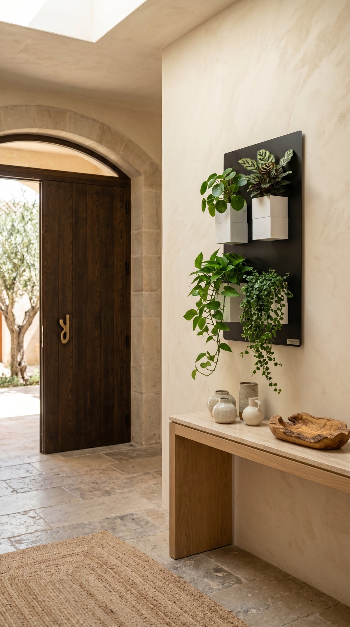 Grand support mural noir Éclance décoration intérieur végétal équipé de quatre cache-pots blancs Le cube (adaptés pour un pot de 6cm) avec plantes, fixé sur un mur en enduit sable dans une entrée avec sol en travertin.