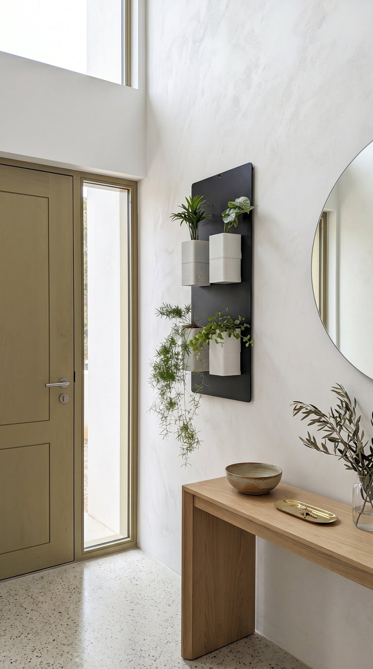 Grand support mural noir Éclance décoration intérieur végétal équipé de quatre cache-pots blancs Le cube (adaptés pour un pot de 6cm) avec plantes, fixé sur un mur clair dans un hall d'entrée lumineux à côté d'une porte vert olive.
