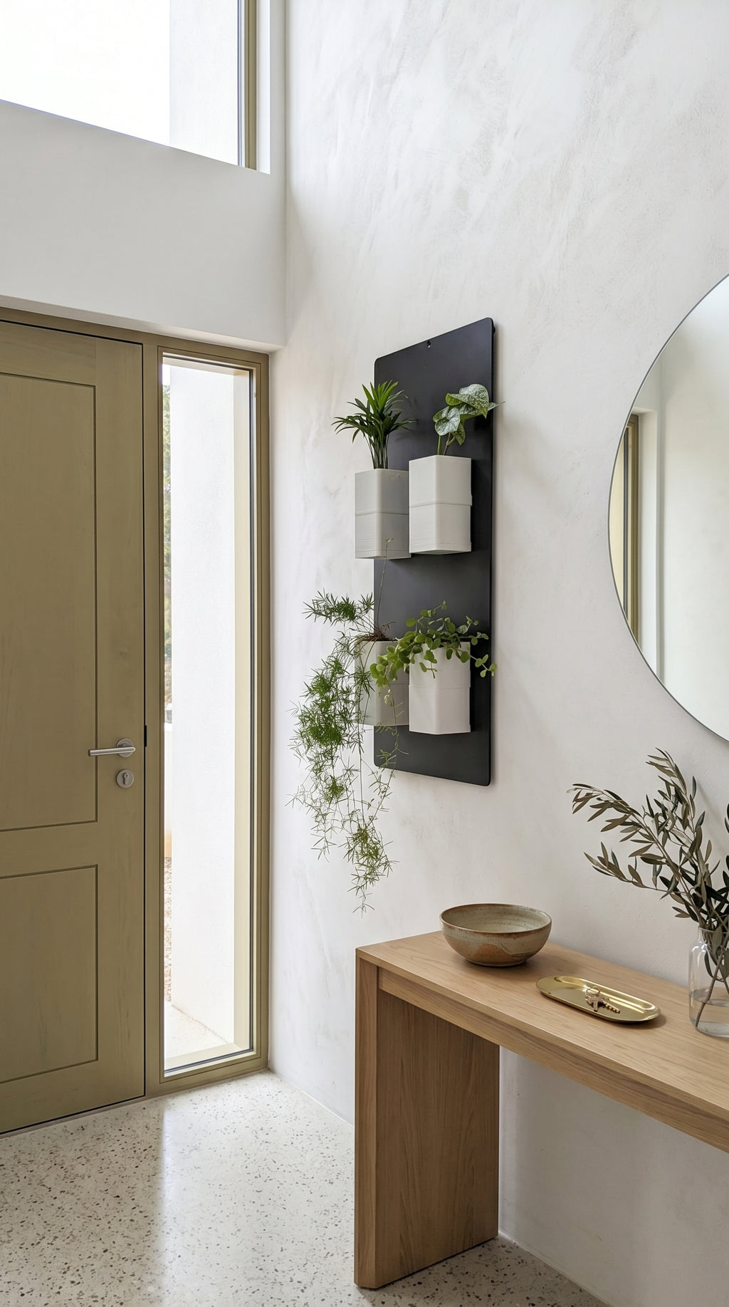 Grand support mural noir Éclance décoration intérieur végétal équipé de quatre cache-pots blancs Le cube (adaptés pour un pot de 6cm) avec plantes, fixé sur un mur clair dans un hall d'entrée lumineux à côté d'une porte vert olive.