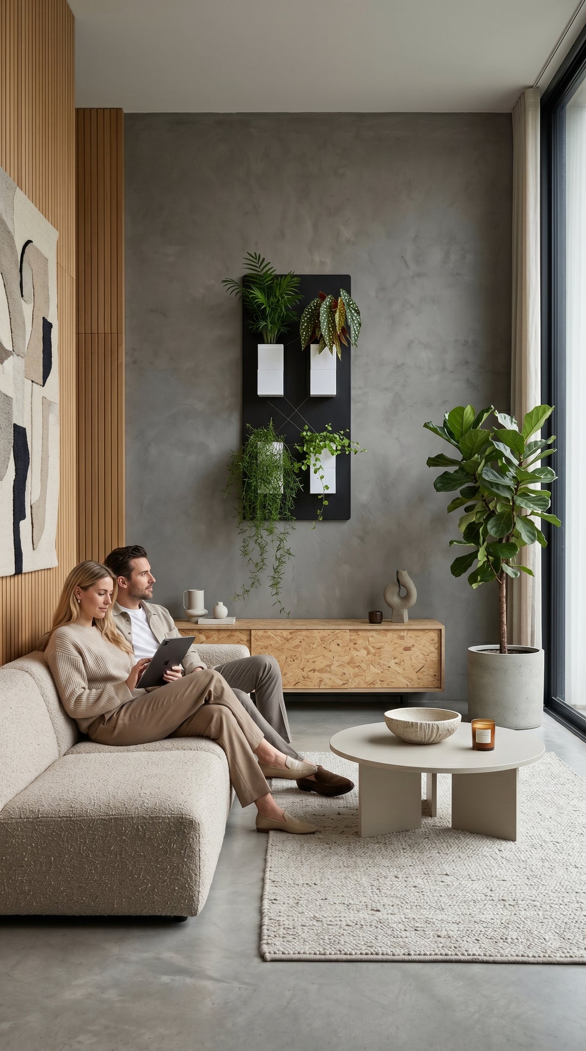 Grand support mural noir Éclance décoration intérieur végétal avec quatre cache-pots blancs Le cube (adaptés pour un pot de 6cm) fixé sur un mur effet enduit gris, dans un salon moderne à côté d’un couple assis sur un canapé en laine bouclée.