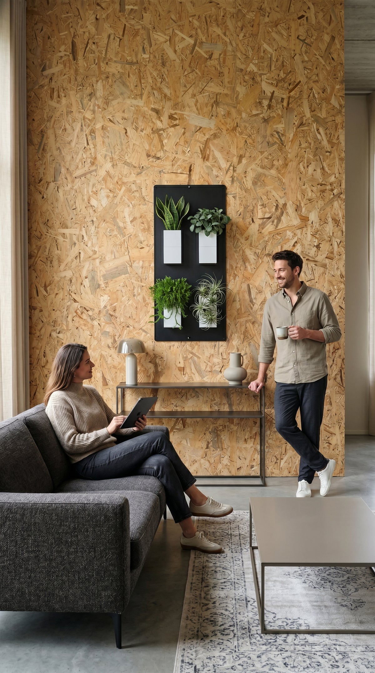 Grand support mural noir Éclance décoration intérieur végétal avec quatre cache-pots blancs Le cube (adaptés pour un pot de 6cm) fixé sur un mur en panneaux OSB, dans un salon moderne en présence d’un couple.