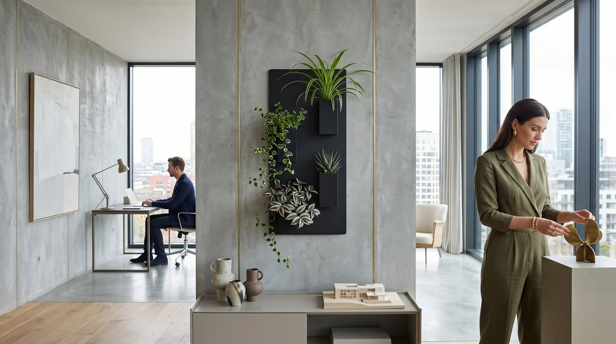 Grand support mural noir Éclance décoration intérieur végétal doté de quatre cache-pots noirs Le cube (pour pot de 6cm) avec plantes, fixé sur un pilier en béton ciré avec lignes dorées dans un bureau d'architecte de luxe avec vue sur la ville.