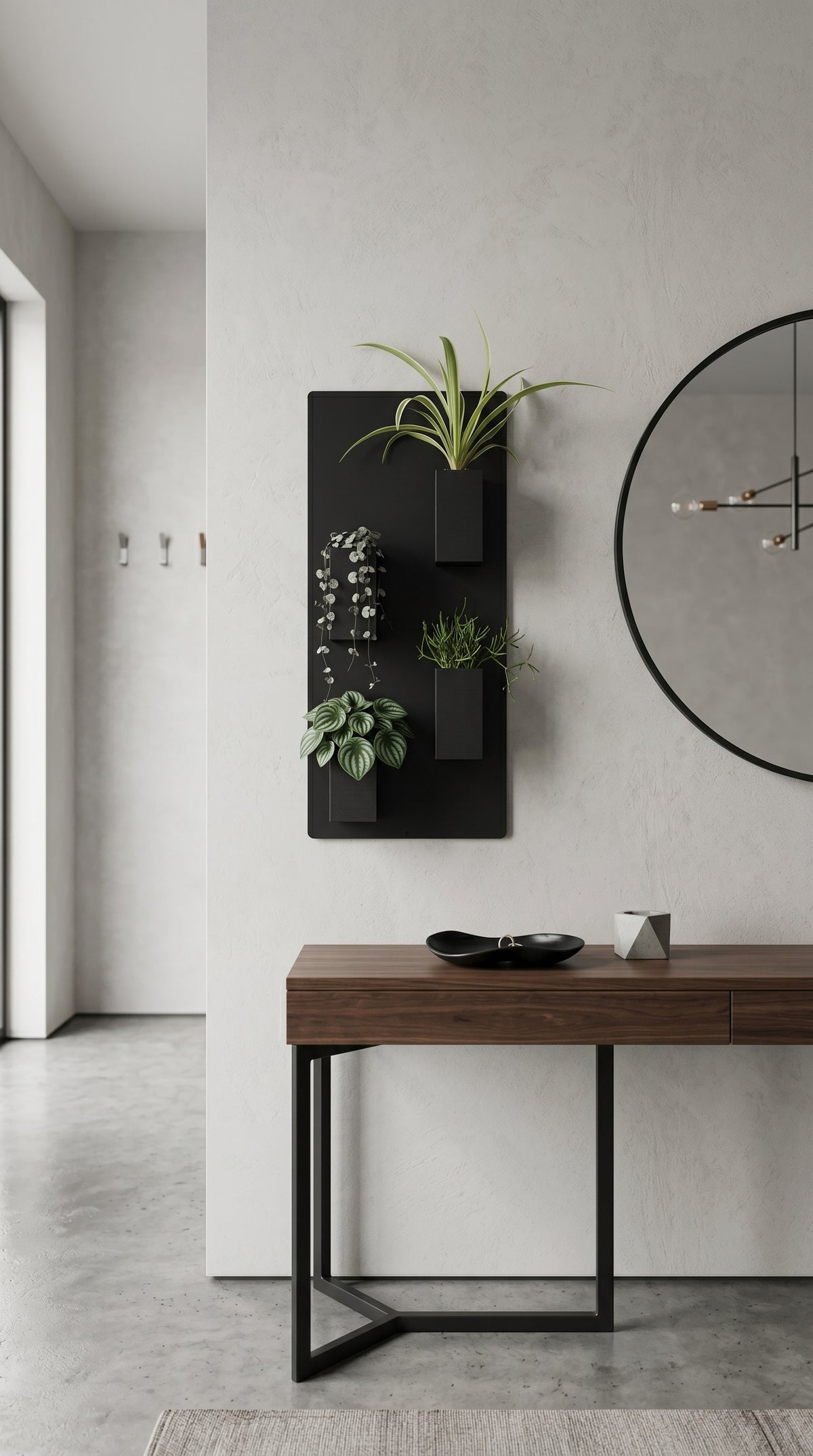 Grand support mural noir Éclance décoration intérieur végétal équipé de quatre cache-pots noirs Le cube (adaptés pour un pot de 6cm) remplis de plantes, fixé sur un mur gris clair au-dessus d’une console en bois dans une entrée.