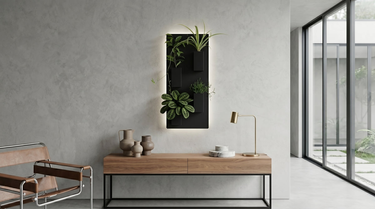 Grand support mural noir rétroéclairé Éclance décoration intérieur végétal avec quatre cache-pots noirs Le cube (adaptés pour un pot de 6cm) remplis de plantes, fixé sur un mur effet enduit gris au-dessus d'une console en bois.