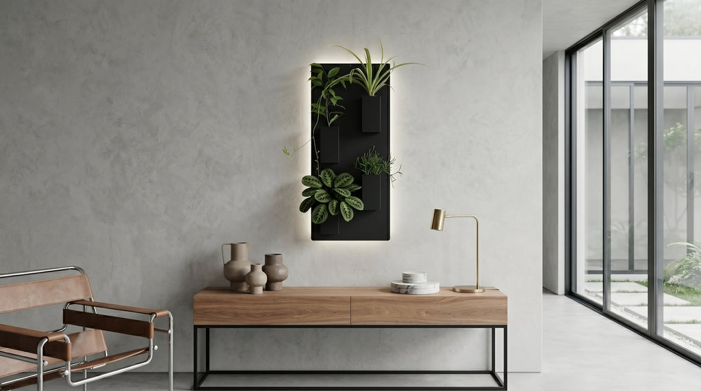 Grand support mural noir rétroéclairé Éclance décoration intérieur végétal avec quatre cache-pots noirs Le cube (adaptés pour un pot de 6cm) remplis de plantes, fixé sur un mur effet enduit gris au-dessus d'une console en bois.