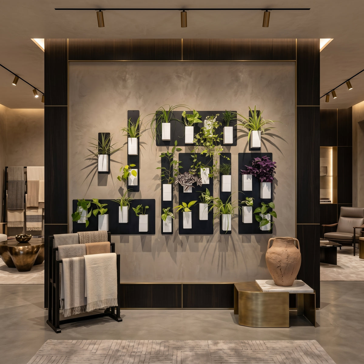 Scénographie biophilique d'un showroom ou concept store de luxe par Éclance décoration intérieur végétal. Au centre d'une grande cloison en enduit texturé gris taupe, encadrée par des panneaux de bois noir et des liserés de laiton doré, s'affiche une composition murale XXL de plaques magnétiques noires. Une multitude de cache-pots monochromes Le cube tout blanc (conçus pour des pots de 6cm) y sont aimantés, créant un immense tableau végétal foisonnant. 