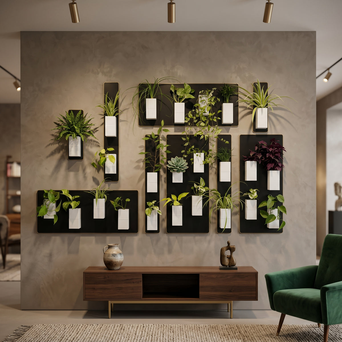Aménagement biophilique et élégant d'un salon haut de gamme par Éclance décoration intérieur végétal. Sur une grande cloison d'accent en béton ciré mat gris taupe, une composition murale XXL associe de nombreuses plaques magnétiques noires aux lignes épurées. Une multitude de cache-pots monochromes Le cube tout blanc (conçus pour des pots de 6cm) y sont aimantés, créant un immense tableau végétal asymétrique aux plantes vertes luxuriantes (fougères, succulentes, pothos). 