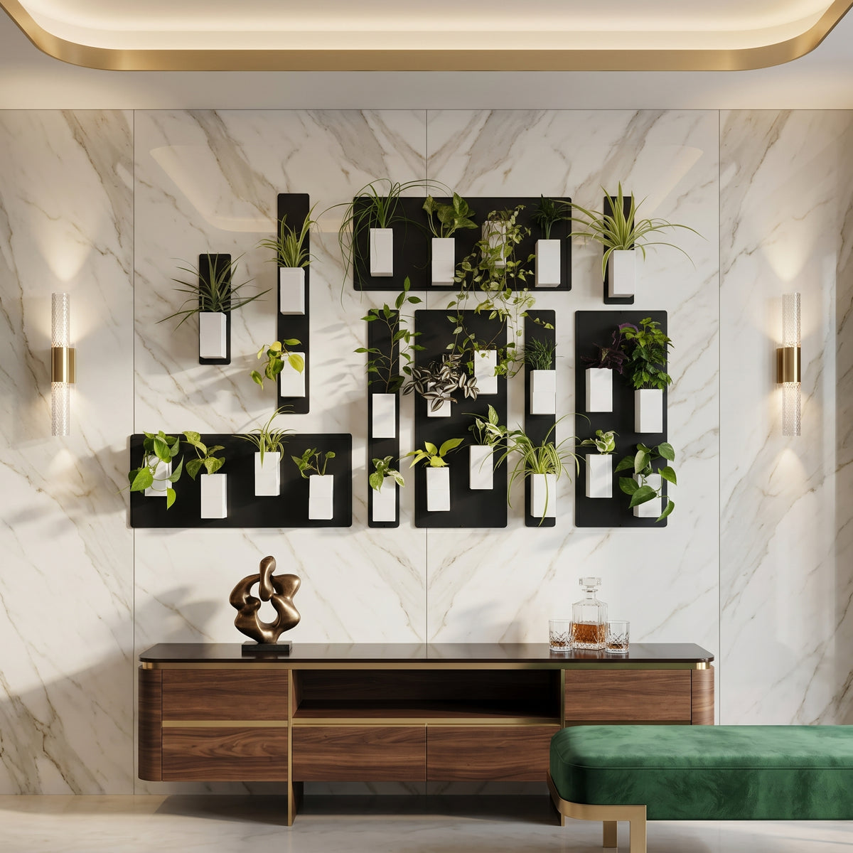 Aménagement biophilique, symétrique et somptueux d'un salon ou d'un hall de prestige par Éclance décoration intérieur végétal. Sur un magnifique mur d'accent en grands panneaux de marbre blanc poli aux veines dorées et grises, une composition murale XXL associe plusieurs plaques magnétiques noires. Une multitude de cache-pots monochromes Le cube tout blanc (conçus pour des pots de 6cm) y sont aimantés, formant un immense tableau végétal foisonnant aux plantes vertes variées. 