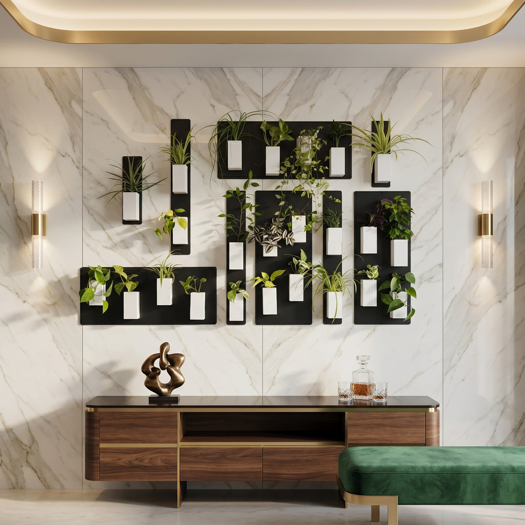 Aménagement biophilique, symétrique et somptueux d'un salon ou d'un hall de prestige par Éclance décoration intérieur végétal. Sur un magnifique mur d'accent en grands panneaux de marbre blanc poli aux veines dorées et grises, une composition murale XXL associe plusieurs plaques magnétiques noires. Une multitude de cache-pots monochromes Le cube tout blanc (conçus pour des pots de 6cm) y sont aimantés, formant un immense tableau végétal foisonnant aux plantes vertes variées. 