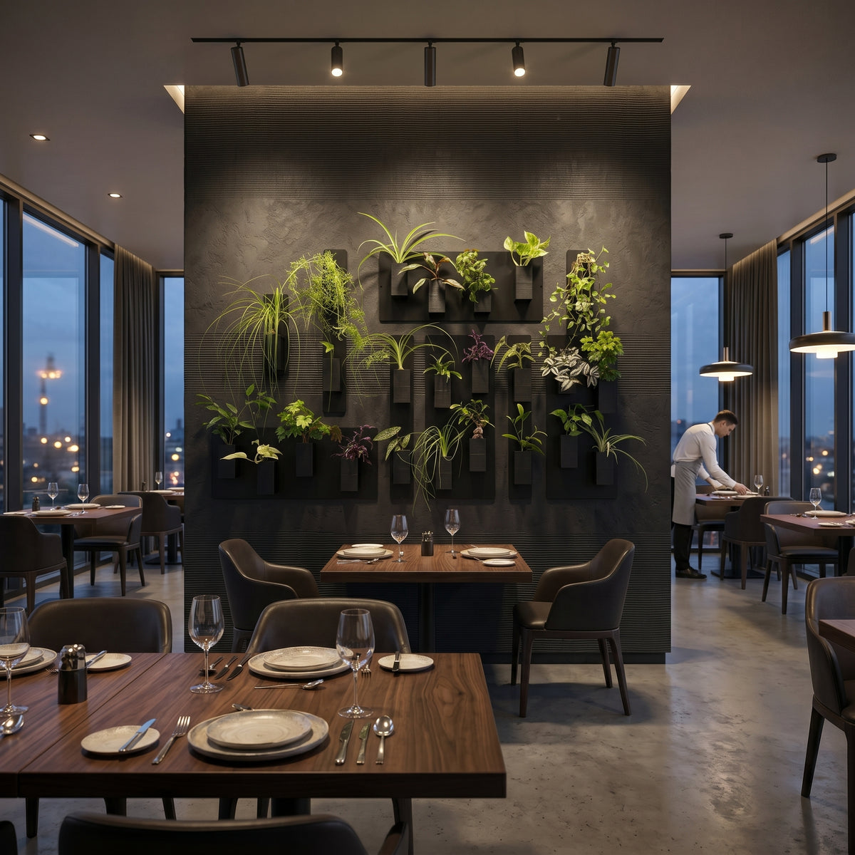 Mise en scène théâtrale et luxueuse d'un grand mur végétal modulaire par Éclance décoration intérieur végétal au centre d'un restaurant haut de gamme. Sur une imposante cloison de séparation texturée gris anthracite foncé, une composition XXL associe plusieurs plaques magnétiques noires. Une multitude de cache-pots monochromes Le cube tout noir (conçus pour des pots de 6cm) y sont aimantés, créant un immense tableau végétal foisonnant mis en lumière par des spots sur rail noirs.