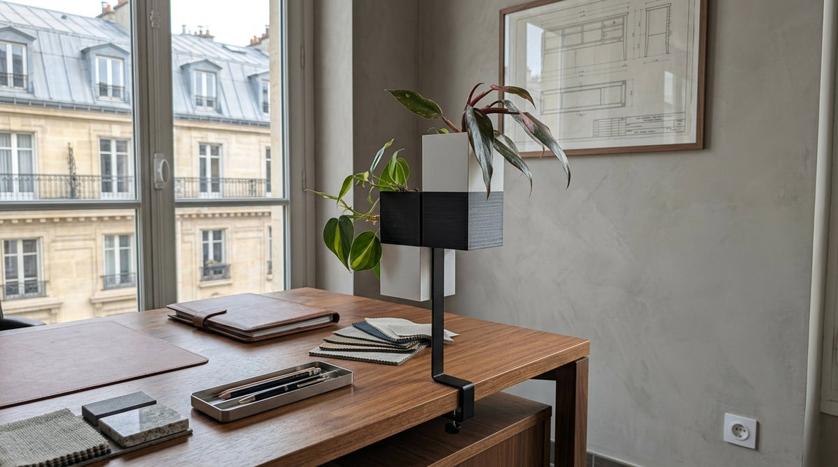 Une vue détaillée du support modulaire "l'îlot végétal" de la marque Éclance décoration intérieur végétal, fixé par un système de serrage noir sur le bord d'un bureau en bois massif. L'îlot est équipé de deux cache-pots "Le cube" (adaptés pour des pots de 6cm) : un cube noir texturé et un cube blanc, contenant des plantes vertes (comme un Philodendron et un Scindapsus). L'arrière-plan montre un bureau d'architecte/designer élégant dans un appartement parisien avec des fournitures haut de gamme.