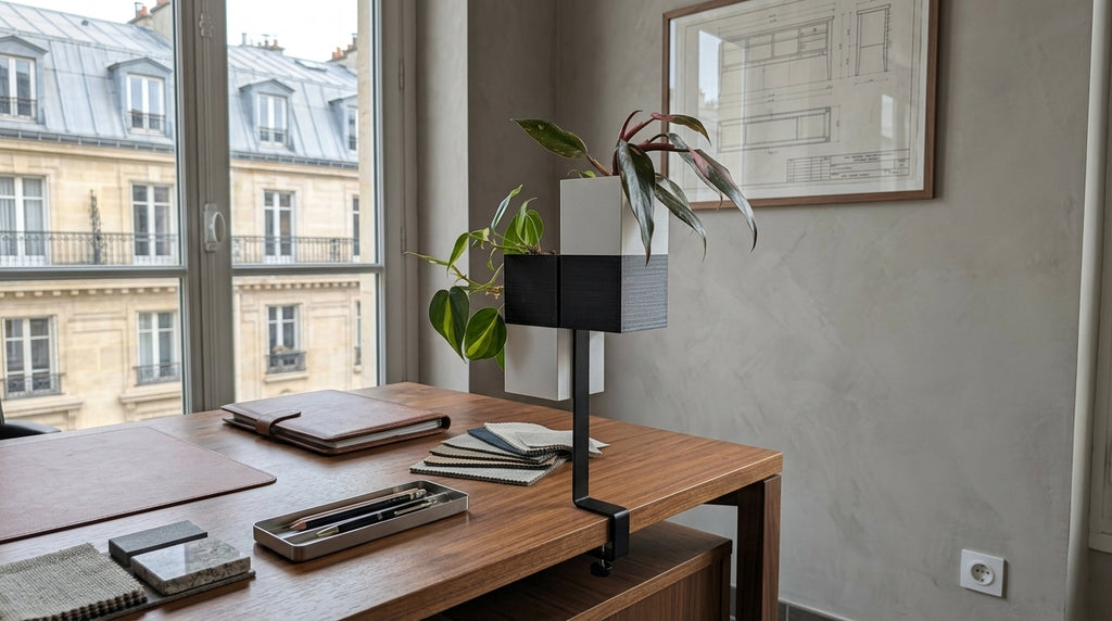 Une vue détaillée du support modulaire "l'îlot végétal" de la marque Éclance décoration intérieur végétal, fixé par un système de serrage noir sur le bord d'un bureau en bois massif. L'îlot est équipé de deux cache-pots "Le cube" (adaptés pour des pots de 6cm) : un cube noir texturé et un cube blanc, contenant des plantes vertes (comme un Philodendron et un Scindapsus). L'arrière-plan montre un bureau d'architecte/designer élégant dans un appartement parisien avec des fournitures haut de gamme.