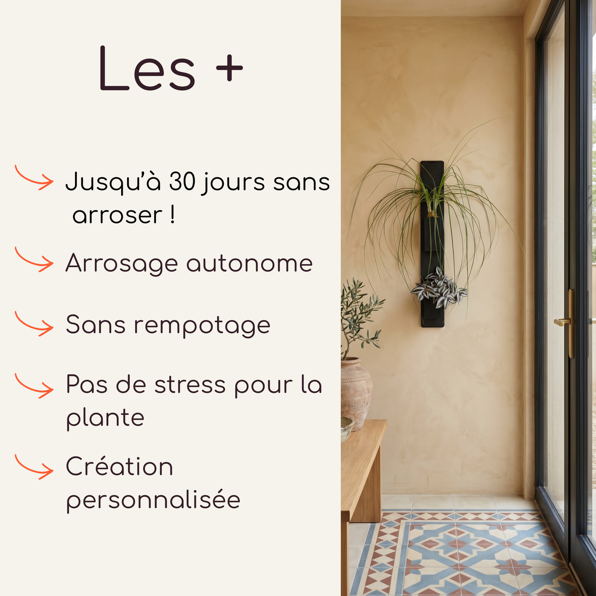 Infographie présentant les avantages du mini mur végétal Éclance décoration intérieur végétal : jusqu’à 30 jours sans arroser, arrosage autonome, sans rempotage, pas de stress pour la plante, création personnalisée. À droite, illustration avec le support mural noir à deux cache-pots noirs fixé sur un mur ocre.