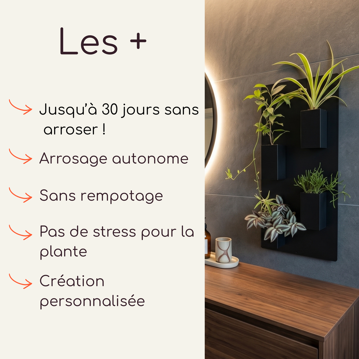 Infographie présentant les avantages du mini mur végétal Éclance décoration intérieur végétal : jusqu’à 30 jours sans arroser, arrosage autonome, sans rempotage, pas de stress pour la plante, création personnalisée. À droite, le grand support mural noir à quatre cache-pots noirs dans une salle de bain haut de gamme.