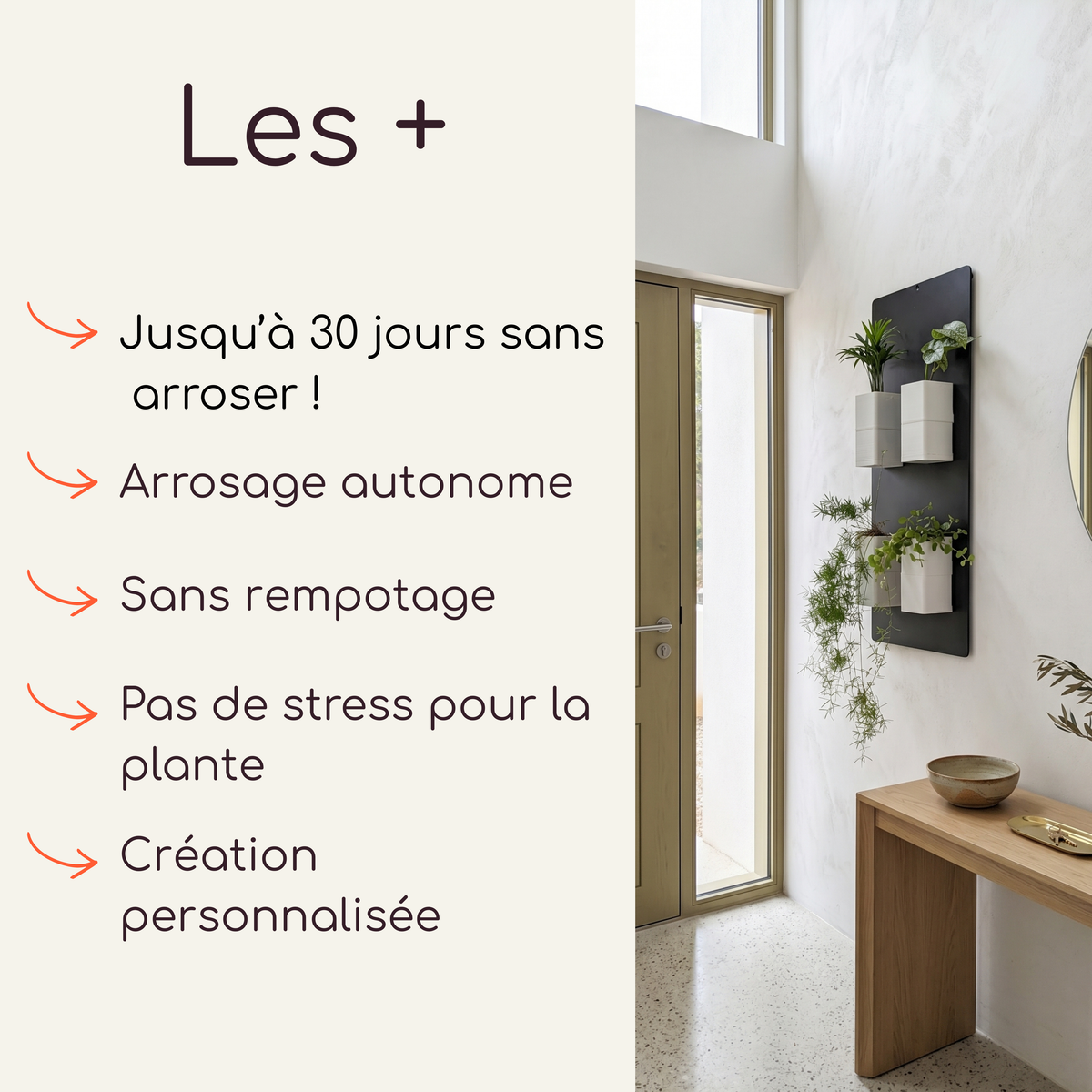 Infographie présentant les avantages du mini mur végétal Éclance décoration intérieur végétal : jusqu’à 30 jours sans arroser, arrosage autonome, sans rempotage, pas de stress pour la plante, création personnalisée. À droite, illustration avec le support mural noir à deux cache-pots noirs fixé sur un mur ocre.