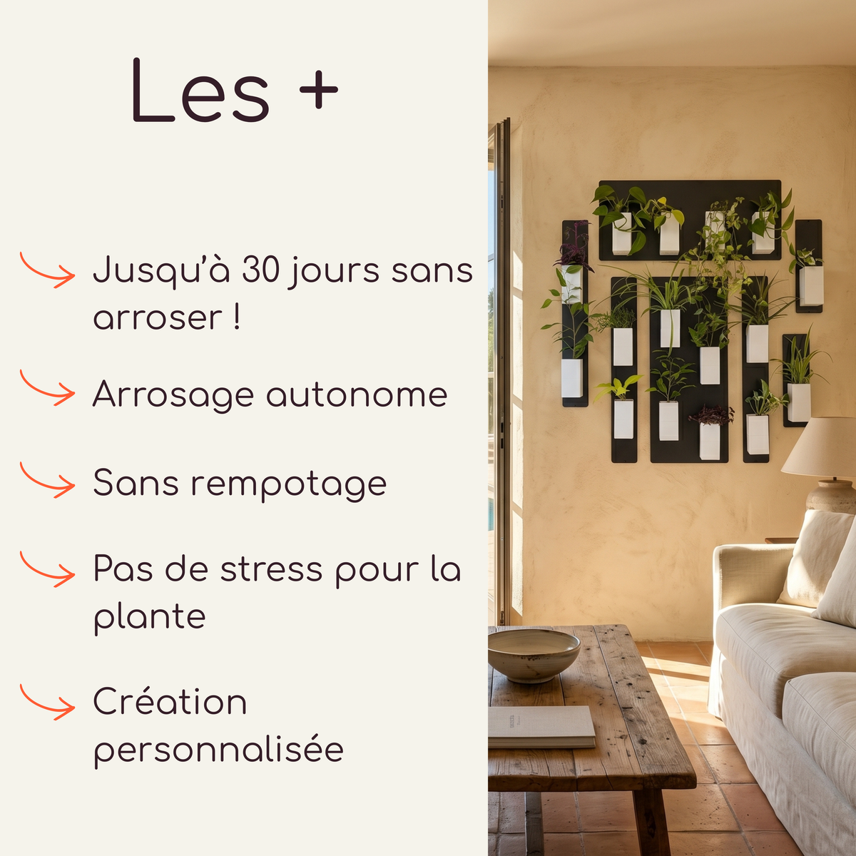 Infographie publicitaire Éclance décoration intérieur végétal mettant en avant les bénéfices de la marque. À gauche, sous le titre "Les +", sont listés les arguments : "Jusqu'à 30 jours sans arroser !", "Arrosage autonome", "Sans rempotage", "Pas de stress pour la plante" et "Création personnalisée". À droite, une photo d'illustration montre un mur végétal composé de panneaux magnétiques noirs et de cache-pots Le cube tout blanc adaptés pour des pots de 6cm. 