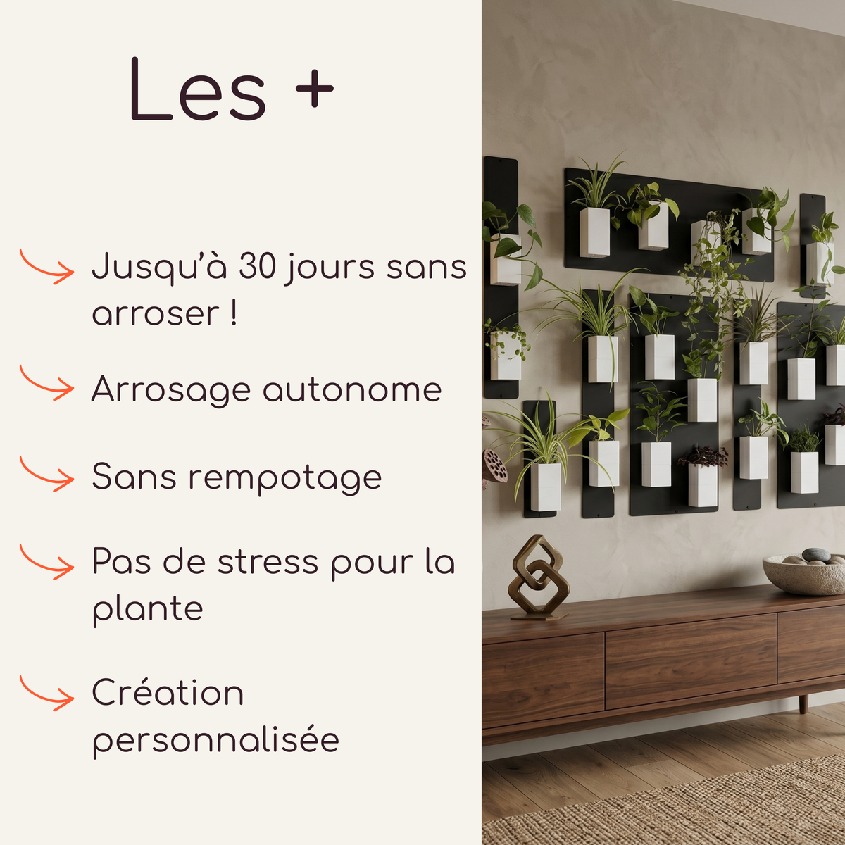 Infographie promotionnelle Éclance décoration intérieur végétal mettant en avant les avantages du produit. À gauche, la section "Les +" liste les promesses : Jusqu'à 30 jours sans arroser !, Arrosage autonome, Sans rempotage, Pas de stress pour la plante et Création personnalisée. À droite, une photo d'illustration montre un grand mur végétal avec des panneaux magnétiques noirs et des cache-pots Le cube tout blanc pour pots de 6cm, installés sur un mur texturé grège au-dessus d'une longue console en bois.