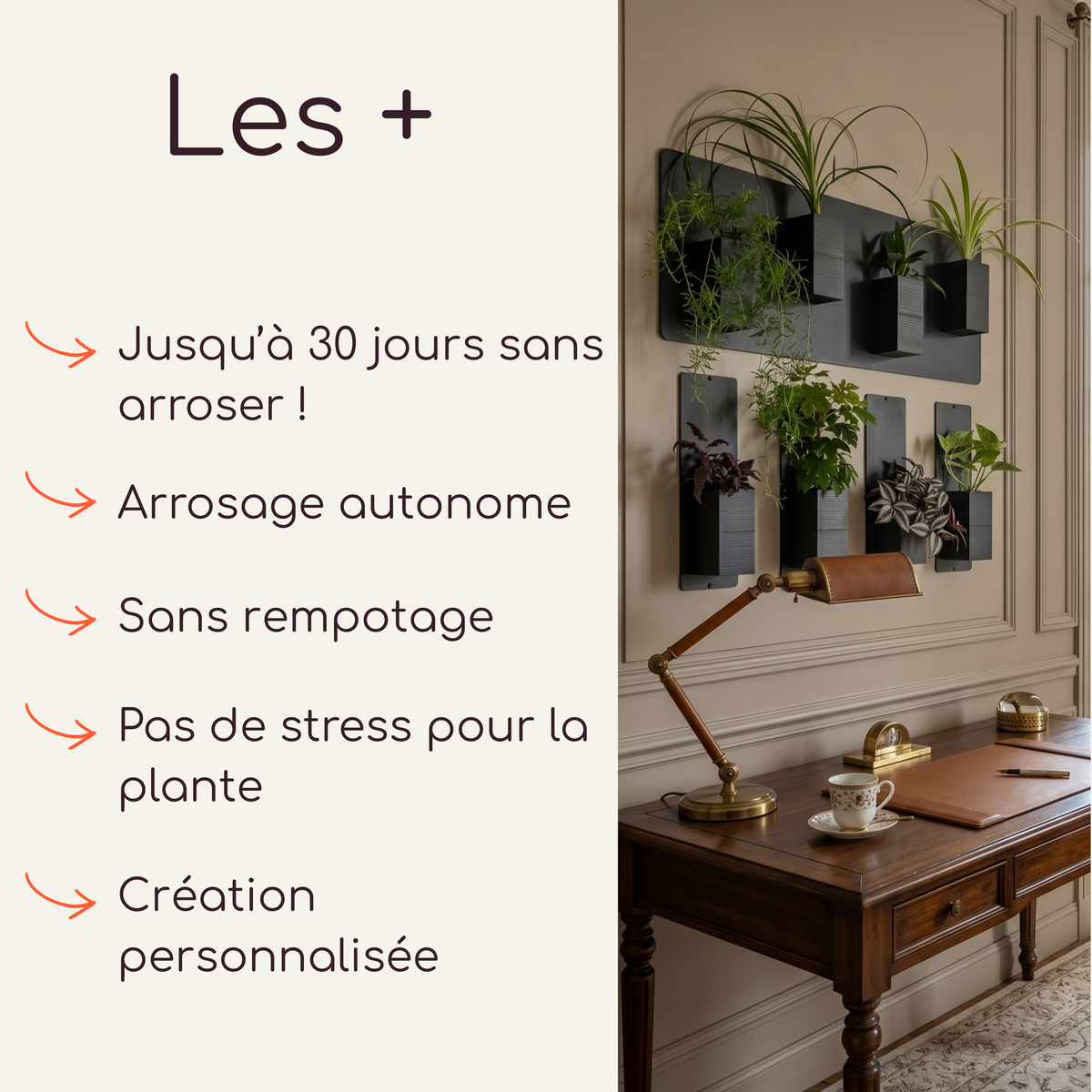 Infographie publicitaire présentant les avantages du mur végétal modulaire par Éclance décoration intérieur végétal. La partie gauche, sur un fond crème épuré, détaille les bénéfices du système avec des flèches orange : "Les +", Jusqu'à 30 jours sans arroser !, arrosage autonome, sans rempotage, pas de stress pour la plante et création personnalisée. La partie droite montre une mise en situation dans un bureau de style haussmannien, avec les cache-pots Le cube tout noir (conçus pour pots de 6cm) aimantés.