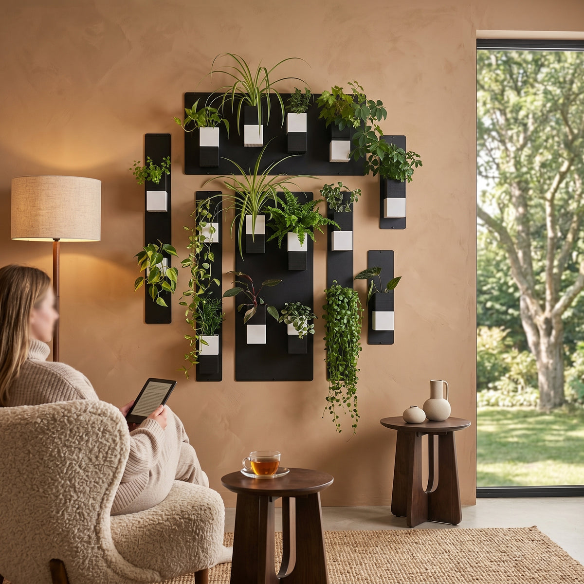 Une femme détendue assise dans un fauteuil teddy crème, lisant sur une tablette dans un salon chaleureux. Derrière elle, une grande installation murale végétale Éclance orne le mur terracotta. Cette installation modulaire comprend plusieurs panneaux magnétiques noirs supportant de nombreux cache-pots "Le cube" en finition bicolore (noir et blanc) adaptés pour des pots de 6cm, abritant une variété de plantes vertes luxuriantes.