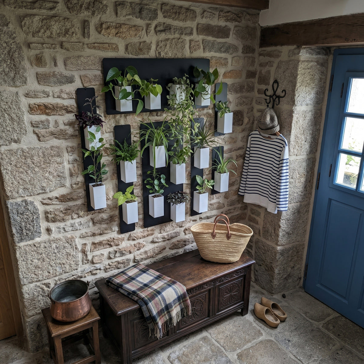 Une composition murale végétale de la marque Éclance décoration intérieur végétal, installée dans une entrée rustique au charme breton ou campagnard. Sur un authentique mur en pierres apparentes, plusieurs plaques magnétiques noires supportent de nombreux cache-pots Le cube tout blanc, parfaitement adaptés pour un pot de 6cm, remplis de plantes vertes d'intérieur variées. En dessous de cette installation, un coffre-banc en bois sombre sculpté accueille un plaid à carreaux et un cabas en paille. 