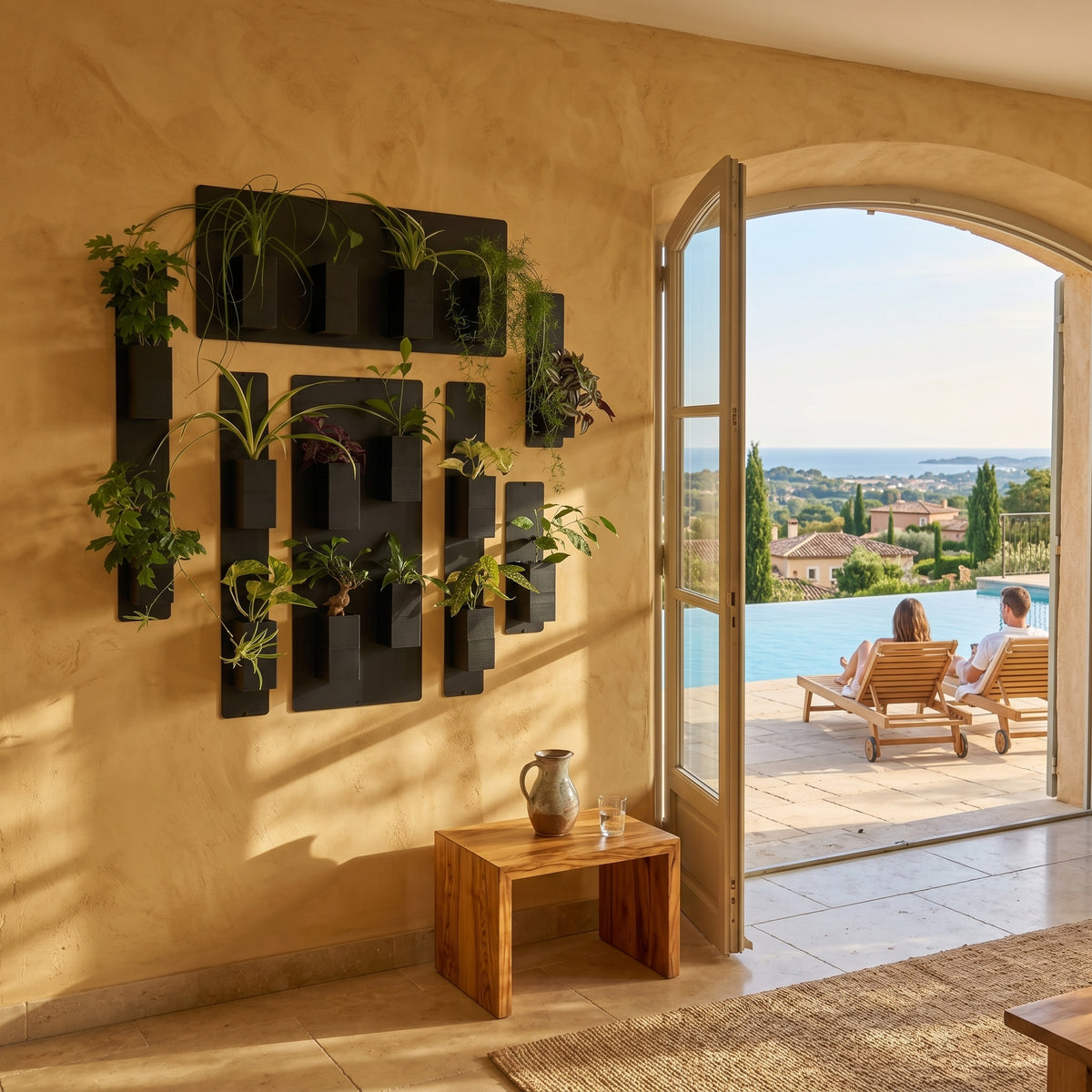 Une grande composition murale végétale de la marque Éclance décoration intérieur végétal, fixée sur un mur intérieur au bel enduit ocre texturé. L'installation modulaire se compose de plusieurs panneaux magnétiques noirs habillés de nombreux cache-pots Le cube tout noir, parfaitement adaptés pour un pot de 6cm, contenant une belle variété de plantes vertes d'intérieur. Au pied du mur, un petit banc en bois brut supporte une carafe en grès. À droite, une grande porte-fenêtre cintrée s'ouvre sur une terrasse.