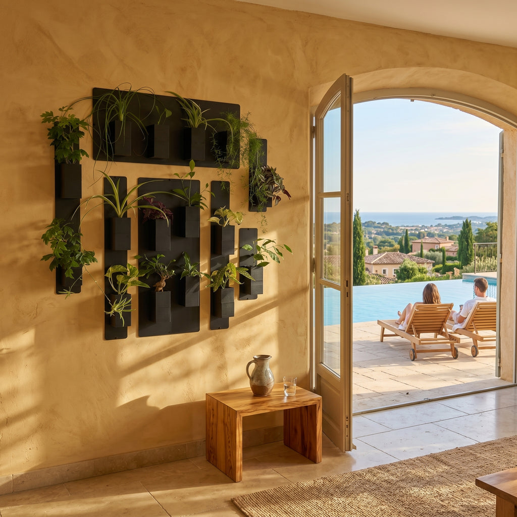 Une grande composition murale végétale de la marque Éclance décoration intérieur végétal, fixée sur un mur intérieur au bel enduit ocre texturé. L'installation modulaire se compose de plusieurs panneaux magnétiques noirs habillés de nombreux cache-pots Le cube tout noir, parfaitement adaptés pour un pot de 6cm, contenant une belle variété de plantes vertes d'intérieur. Au pied du mur, un petit banc en bois brut supporte une carafe en grès. À droite, une grande porte-fenêtre cintrée s'ouvre sur une terrasse.