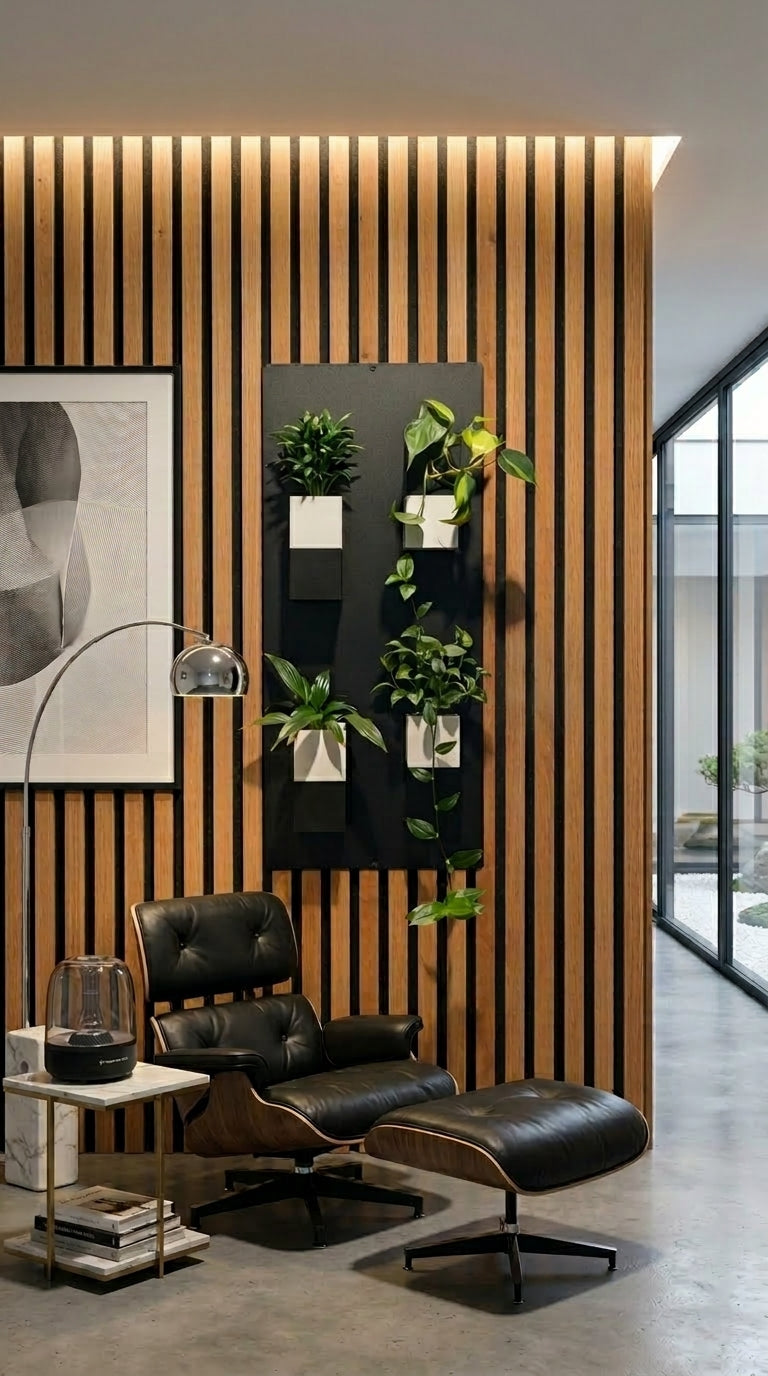 Conception d'un intérieur d'exception par Éclance décoration intérieur végétal. Photographie en perspective d'un grand mur végétal modulaire vertical noir de la marque Éclance. Fixé sur un mur de lattes de bois verticales en chêne clair avec des rainures noires, ce module comporte quatre cache-pots 'Le Cube' blancs et noirs (adaptés pour des pots de 6 cm), contenant une plante touffue, un pothos grimpant dont la vigne descend et d'autres plantes vertes.