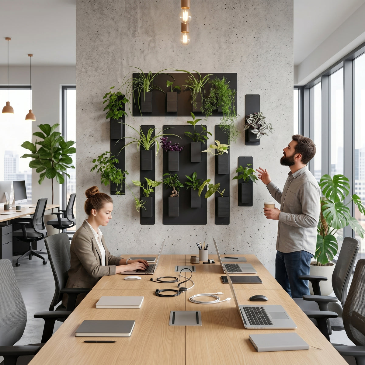 Aménagement biophilique en entreprise par Éclance décoration intérieur végétal. Sur un pilier central en béton brut au sein d'un bureau moderne, un grand mur végétal modulaire est composé de plaques magnétiques noires et de nombreux cache-pots Le cube tout noir adaptés pour des pots de 6cm. Une femme est installée à une grande table de travail en bois clair avec des ordinateurs portables, tandis qu'un collaborateur, un café à la main, admire la composition de plantes vertes d'intérieur dans son open space.
