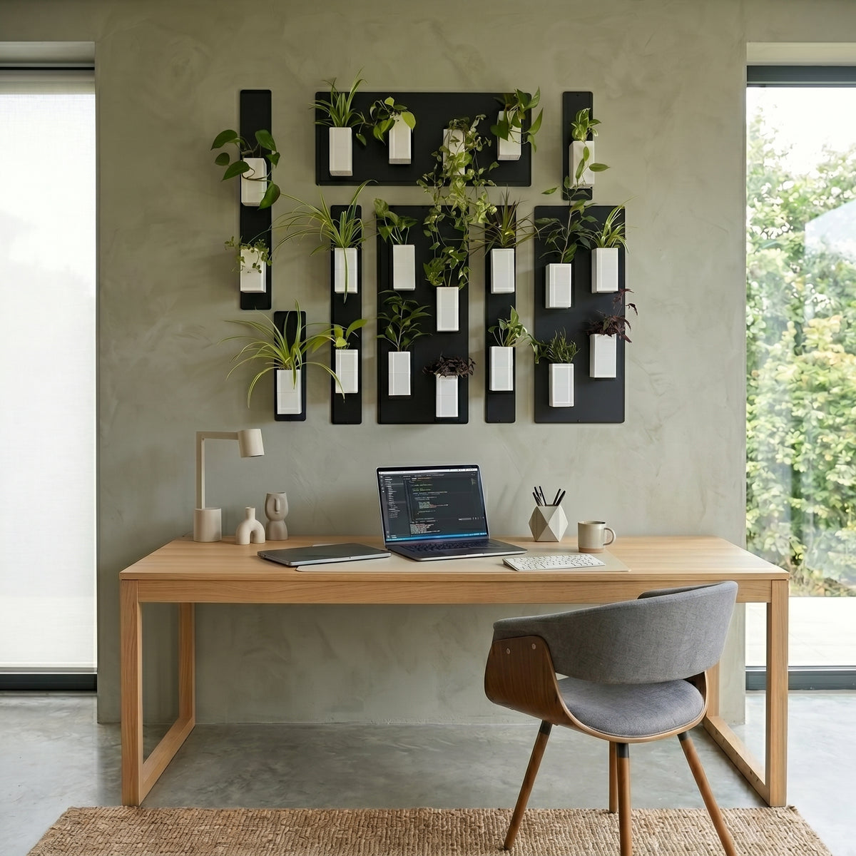 Aménagement d'un espace de télétravail ou bureau à domicile biophilique par Éclance décoration intérieur végétal. Un grand mur végétal modulaire est fixé sur un mur texturé vert sauge, composé de panneaux magnétiques noirs et de nombreux cache-pots Le cube tout blanc pour pots de 6cm contenant diverses plantes vertes d'intérieur. Au premier plan, un bureau en bois clair accueille un ordinateur portable ouvert affichant du code, une lampe épurée et des accessoires de bureau. 