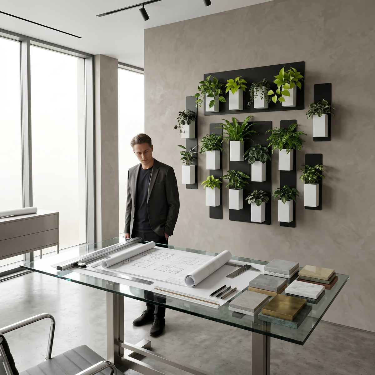 Aménagement d'un cabinet d'architecte moderne avec un grand mur végétal modulaire Éclance décoration intérieur végétal. Sur un mur gris au fini béton ciré, des panneaux magnétiques noirs accueillent de nombreux cache-pots Le cube tout blanc, adaptés pour des pots de 6cm, remplis de plantes vertes graphiques. Au premier plan, un architecte ou designer étudie des plans de construction déroulés sur une grande table en verre, à côté d'échantillons de matériaux (marbre, pierre, métaux). 