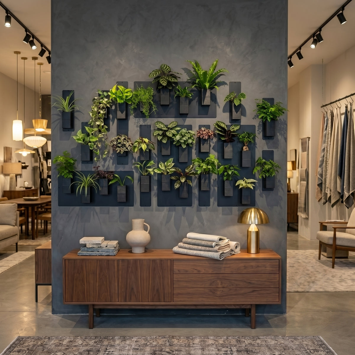 Décoration intérieur végétal d'exception par Éclance, présentant une composition de mur végétal modulable dans un showroom de design. Sur un mur texturé gris anthracite, les structures accueillent une variété de plantes vertes installées dans le cache-pot Le cube noir (adapté pour un pot de 6cm). L'ensemble surplombe une enfilade en bois de noyer décorée d'une lampe en laiton doré et de plaids, créant une ambiance chaleureuse et contemporaine.