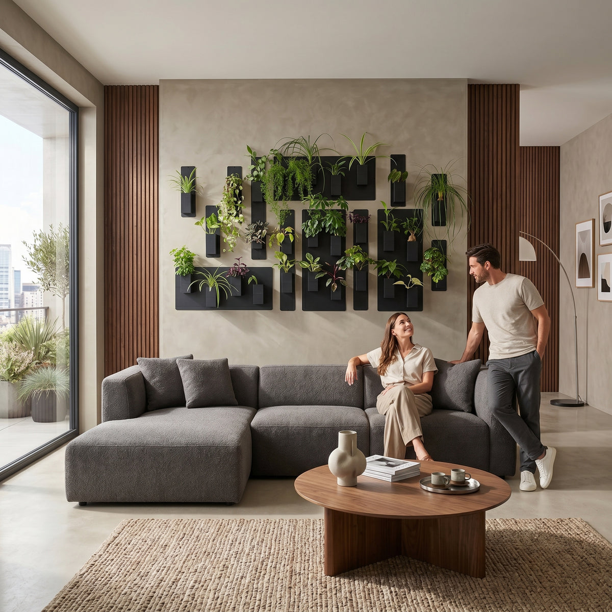 Aménagement haut de gamme signé Éclance décoration intérieur végétal présentant un grand mur végétal modulable dans un salon lumineux. Sur un mur d'accent habillé de tasseaux de bois, les supports métalliques accueillent une variété de plantes d'intérieur installées dans le cache-pot Le cube noir, parfaitement adapté pour un pot de 6cm. Un couple est installé confortablement sur un grand canapé d'angle gris anthracite, créant une atmosphère conviviale et design.