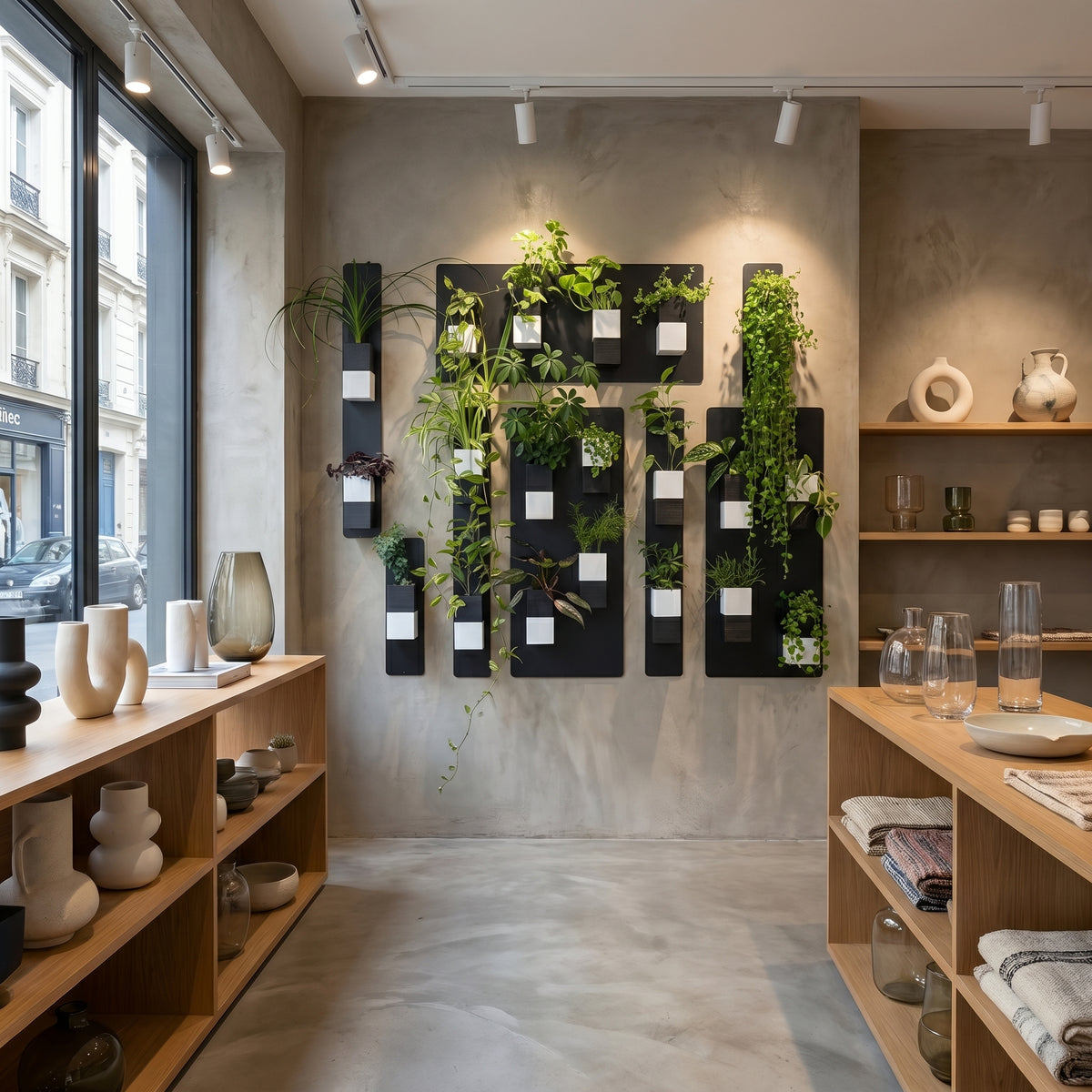 Aménagement biophilique élégant d'une boutique de design ou concept store par Éclance décoration intérieur végétal. Sur un mur texturé en béton ciré gris, un grand mur végétal modulaire associe des plaques magnétiques noires et de nombreux cache-pots Le cube bicolore noir et blanc (adaptés pour des pots de 6cm) remplis de plantes vertes. L'installation est sublimée par des spots de plafond directionnels. De part et d'autre, des étagères en bois clair exposent des vases en céramique et de la verrerie.