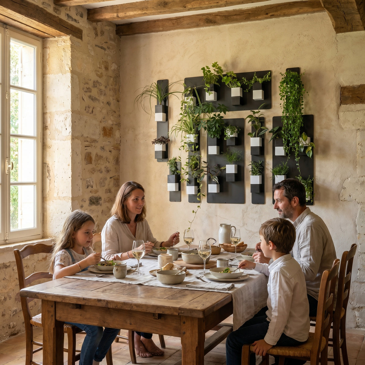 Un repas en famille chaleureux dans une salle à manger au charme rustique d'une maison de campagne. Autour d'une grande table en bois brut, deux parents et leurs deux enfants partagent un repas face à un grand mur végétal modulaire Éclance décoration intérieur végétal. Fixée sur un mur en enduit clair, l'installation se compose de panneaux magnétiques noirs et de cache-pots Le cube bicolore noir et blanc (adaptés pour des pots de 6cm) remplis de plantes vertes. La pièce est sublimée par des murs en pierre.