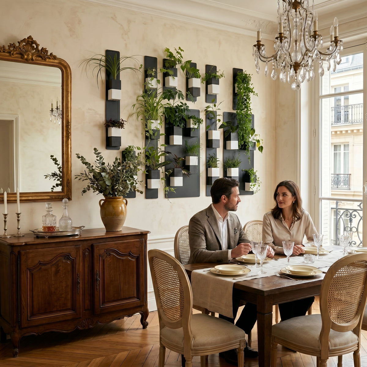 Un homme et une femme attablés dans une salle à manger de style Haussmannien chic discutent face à une grande composition de mur végétal modulaire Éclance décoration intérieur végétal. Fixée sur un mur beige à l'enduit chaleureux, l'installation associe des panneaux magnétiques noirs à de nombreux cache-pots Le cube bicolore noir et blanc (adaptés pour des pots de 6cm) remplis de plantes vertes. La pièce est meublée d'une table de repas en bois, de chaises en cannage, d'un buffet ancien en bois.