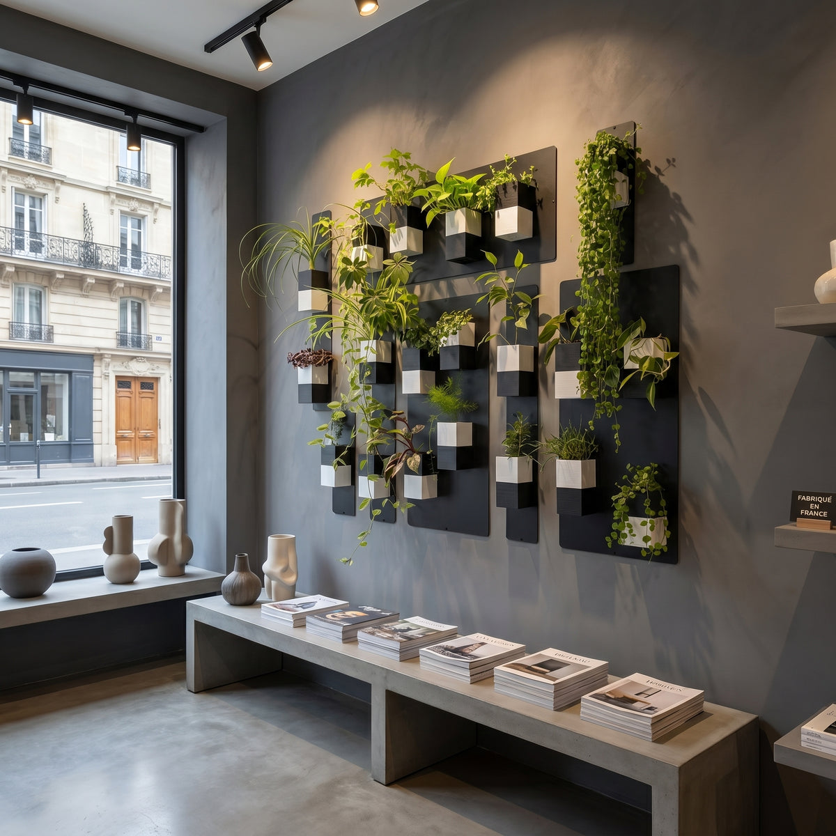 Aménagement biophilique moderne d'un showroom ou d'une salle d'attente chic par Éclance décoration intérieur végétal. Sur un mur texturé gris foncé, un grand mur végétal modulaire se compose de plaques magnétiques noires et de cache-pots Le cube bicolore noir et blanc, adaptés pour des pots de 6cm, garnis de plantes vertes d'intérieur. Au premier plan, un long banc en béton épuré accueille des magazines de design. Une étagère présente un petit écriteau Fabriqué en France à côté de poteries artisanales.