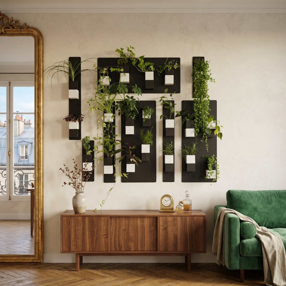 Aménagement biophilique élégant dans un salon de style Haussmannien par Éclance décoration intérieur végétal. Sur un mur beige clair, un grand mur végétal modulaire associe des panneaux magnétiques noirs à des cache-pots Le cube bicolore noir et blanc, adaptés pour des pots de 6cm, remplis de plantes vertes variées et tombantes. En dessous, un buffet épuré en bois de noyer supporte une horloge dorée et un vase en céramique. À gauche, un grand miroir doré ancien reflète une fenêtre parisienne.