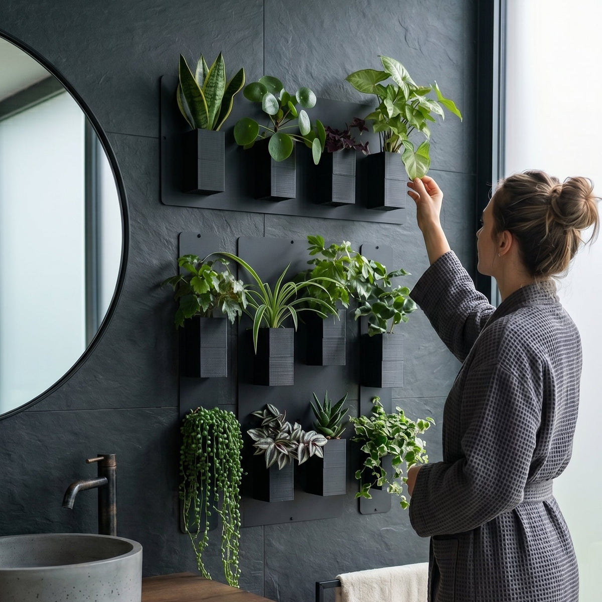 Aménagement biophilique et moderne d'une salle de bain sombre style spa par Éclance décoration intérieur végétal. Sur un mur en grands carreaux effet ardoise noire ou pierre naturelle, un grand mur végétal modulaire associe des plaques magnétiques noires et de nombreux cache-pots Le cube tout noir (adaptés pour des pots de 6cm) remplis de plantes vertes. Une femme de profil en peignoir gris gaufré ajuste une plante. 