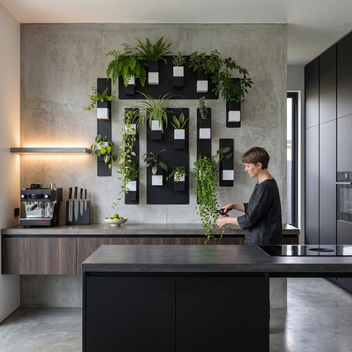 Une femme entretenant un grand mur végétal modulaire de la marque Éclance décoration intérieur végétal dans une cuisine moderne au style industriel. Fixée sur un mur en béton brut, l'installation comprend des panneaux magnétiques noirs habillés de nombreux cache-pots Le cube en finition bicolore (noir et blanc) adaptés pour des pots de 6cm. La femme utilise des ciseaux pour tailler une plante verte retombante au-dessus d'un plan de travail en bois .