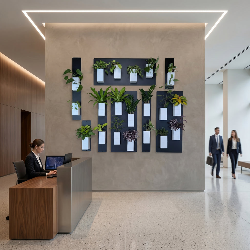 Aménagement biophilique corporate d'un hall d'accueil d'entreprise par Éclance décoration intérieur végétal. Sur une cloison centrale texturée de couleur grège, un grand mur végétal modulaire est composé de panneaux magnétiques noirs et de cache-pots Le cube tout blanc pour pots de 6cm, abritant des plantes d'intérieur graphiques. Une réceptionniste est installée à une banque d'accueil moderne en bois de noyer et métal brossé sous un plafond lumineux à LED. À l'arrière-plan, des collaborateurs en costume.