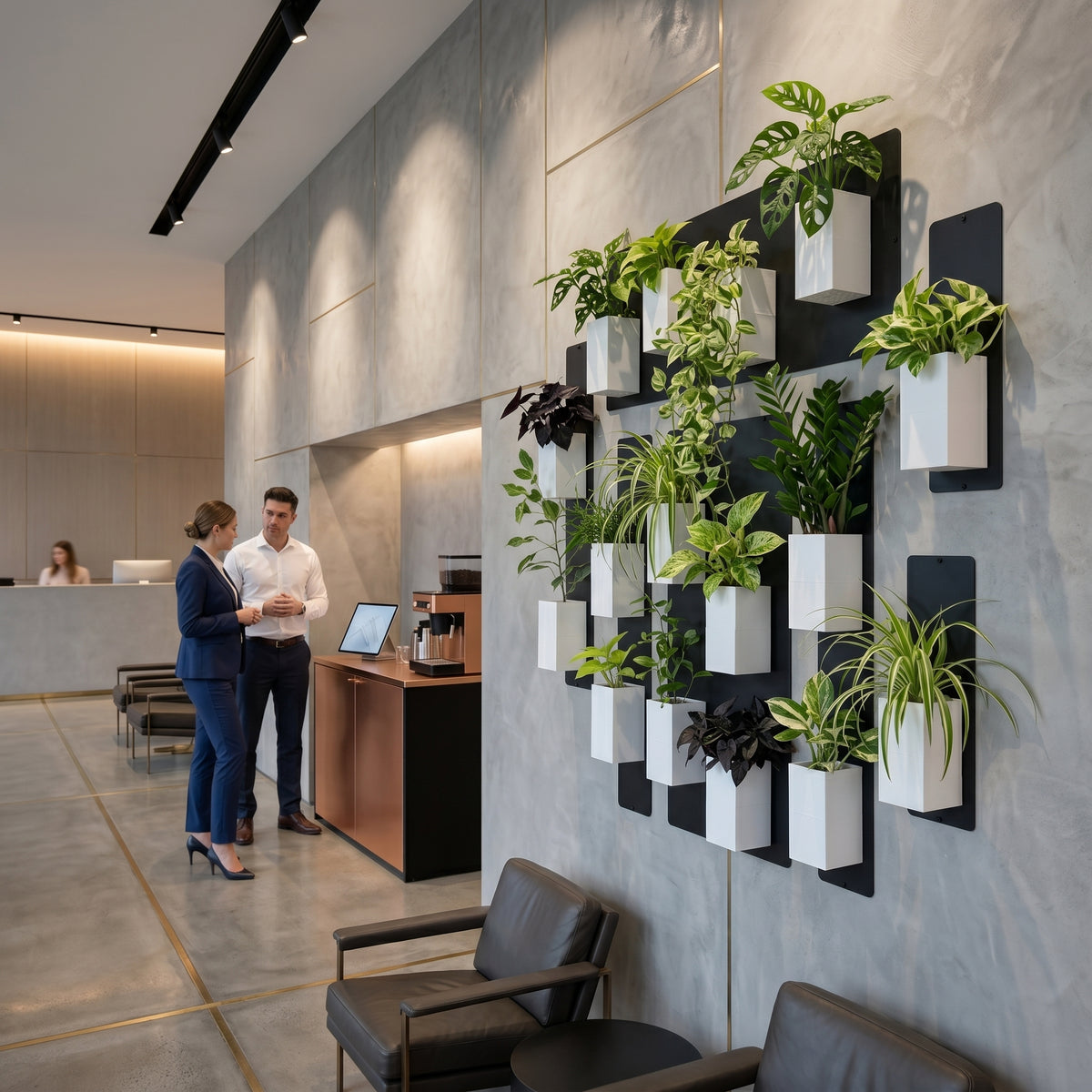 Aménagement biophilique de prestige dans un hall d'accueil ou lounge d'hôtel par Éclance décoration intérieur végétal. Sur un imposant mur texturé gris effet béton ciré, orné de fines lignes dorées géométriques, est installé un grand mur végétal modulaire. Il se compose de panneaux magnétiques noirs et de cache-pots Le cube tout blanc pour pots de 6cm, garnis de plantes vertes et pourpres luxuriantes. À l'arrière-plan, un homme et une femme en tenue business discutent près d'un comptoir de café.