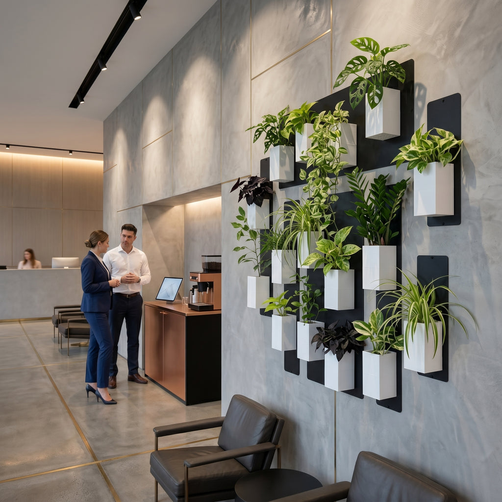 Aménagement biophilique de prestige dans un hall d'accueil ou lounge d'hôtel par Éclance décoration intérieur végétal. Sur un imposant mur texturé gris effet béton ciré, orné de fines lignes dorées géométriques, est installé un grand mur végétal modulaire. Il se compose de panneaux magnétiques noirs et de cache-pots Le cube tout blanc pour pots de 6cm, garnis de plantes vertes et pourpres luxuriantes. À l'arrière-plan, un homme et une femme en tenue business discutent près d'un comptoir de café.