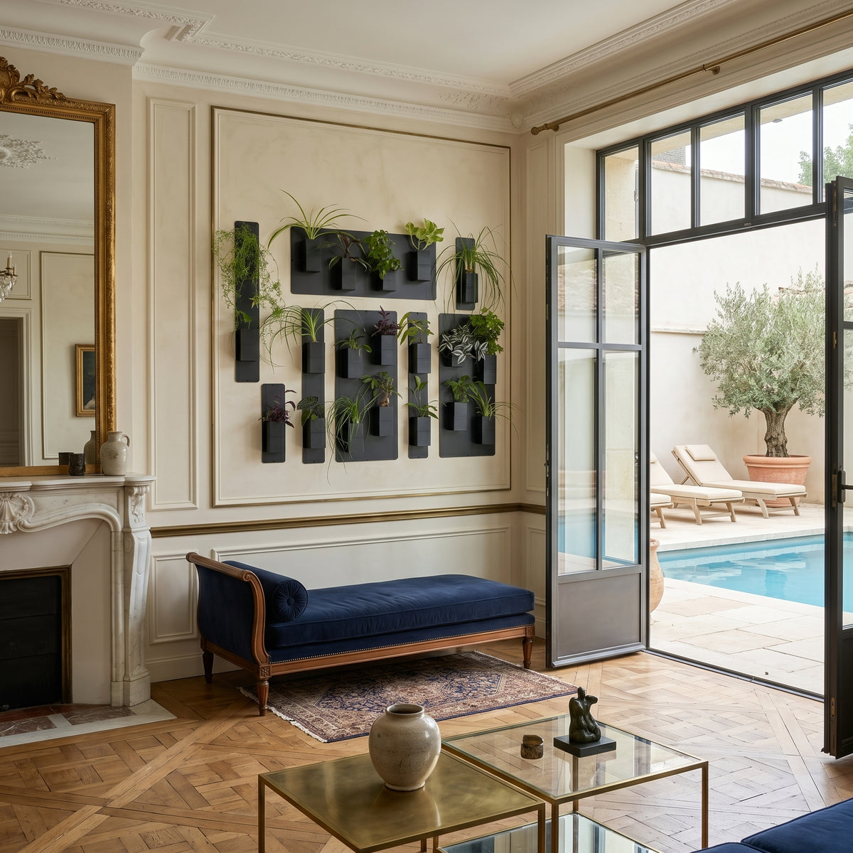 Aménagement biophilique d'exception signé Éclance décoration intérieur végétal au cœur d'un grand salon de style Haussmannien chic. Un grand mur végétal modulaire composé de panneaux magnétiques noirs et de cache-pots Le cube tout noir pour pots de 6cm habille un mur beige clair orné de moulures élégantes. En dessous, une méridienne en velours bleu nuit repose sur un parquet ancien en Point de Hongrie, près d'une cheminée en marbre blanc et d'un grand miroir doré.